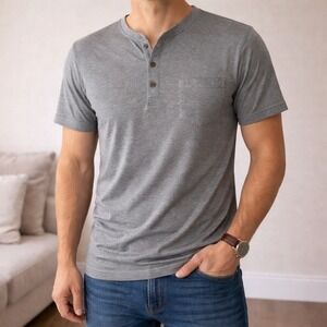 Coofandy Mens Short Sleeve Henley Shirt Gray Pocket Casual Size L